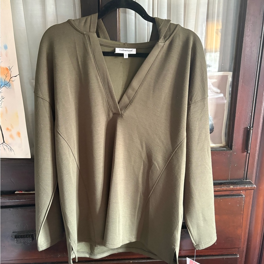 Motherhood Maternity and Nursing Olive Green Hooded V-Neck Pullover